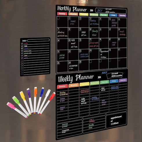 Hivillexun Magnetic Black Dry Erase Calendar White Board Set (3-Pack) for Home & Office, Includes 8 Markers