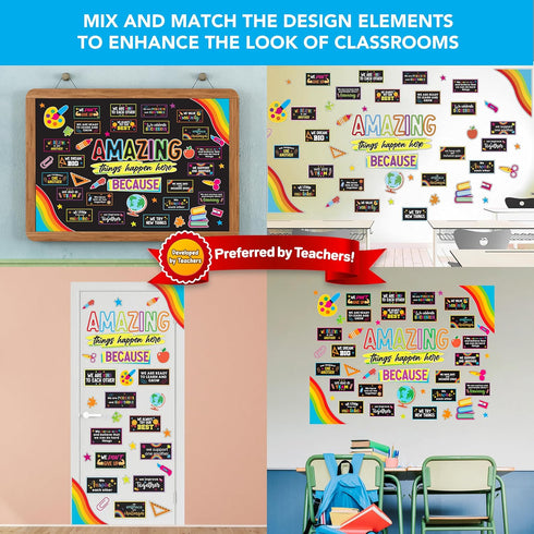 Decorably 49 Pcs Bulletin Board Decorations for Elementary - Amazing Things Happen Here with Borders