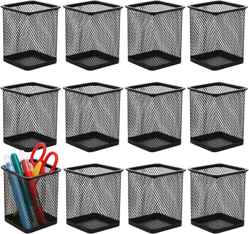Nicunom 12 Pack Metal Pen Holder - Square Mesh Pencil Cup Desk Organizer for Office, Black
