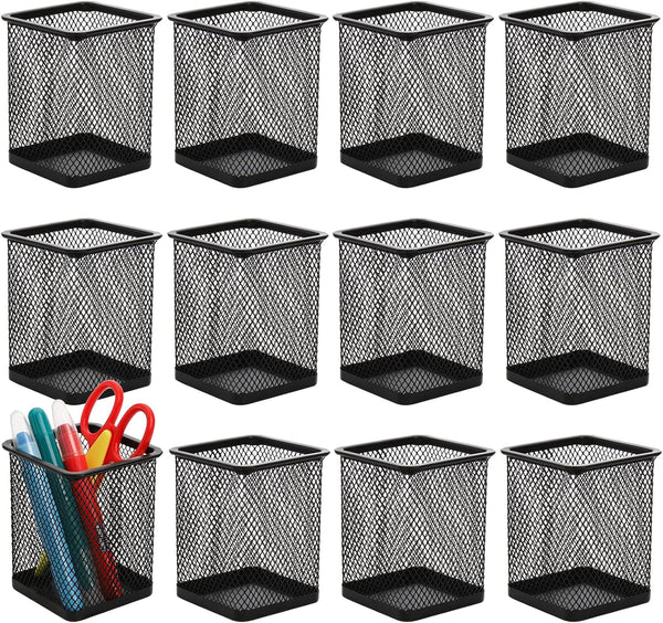 Nicunom 12 Pack Metal Pen Holder - Square Mesh Pencil Cup Desk Organizer for Office, Black