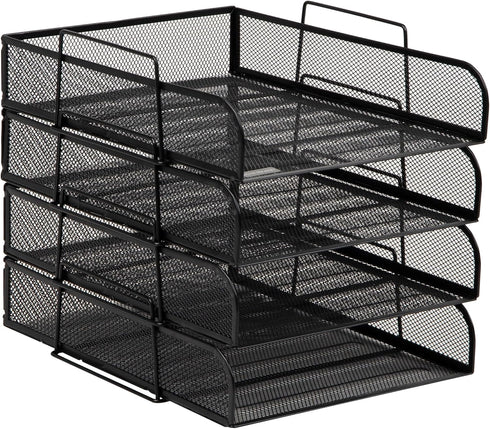 Mind Reader Stackable Paper Tray, 4 Pcs Desktop Organizer, Metal Mesh File Storage, 10.5" L x 13.5" W x 11.25" H, Black