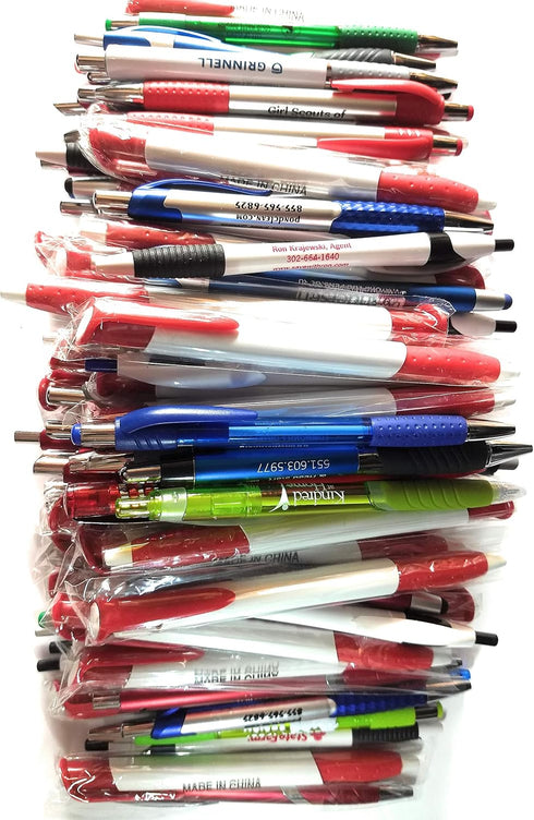 Wholesale Lot of 100 Misprint Ink Pens, Mixed Ball Point Plastic Retractable Pens