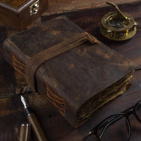 Vintage Leather Journal, Handmade Antique Leatherbound Sketchbook, Deckle Edge Paper, Thick Journal