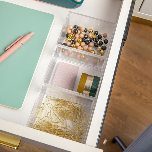 Martha Stewart Brody Desktop Storage Organizer, Stack and Slide Plastic Tray, Clear Organizer for Office, Kitchen,