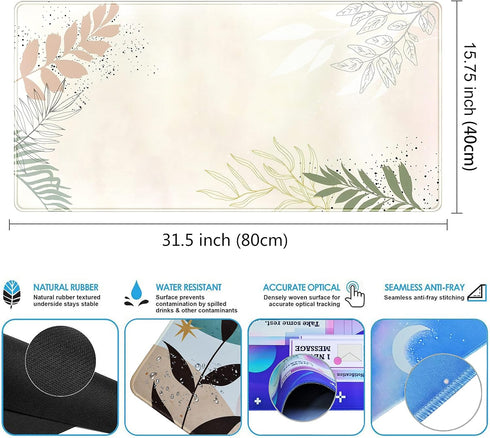 Boho Mouse Pad, Aesthetic Abstract Desk Mat, Matcha Green Plant Laptop Mat, 31.5x15.75 in for Women