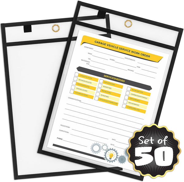 Scribbledo Job Ticket Holders, 9x12 (50 Pack), Clear Plastic Sleeves for Documents, Hanging Folder Sleeves