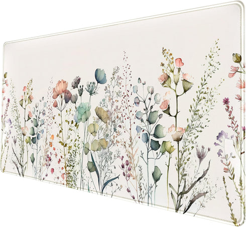 Floral Beige Boho Desk Mat, Large Extend Mouse Pad XXL, Cute Minimalist Flowers Keyboard Mat, Gift for Women