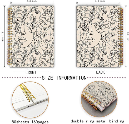 Boho Abstract Minimalist Woman Face Line Flower Spiral Notebook, Laminated Hard Cover, College Ruled 5.5×8.3 Inches