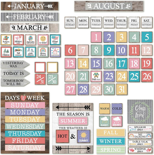 Hadley Designs Farmhouse Classroom Calendar Set, Bulletin Board Sets for Teachers, Classroom Decor
