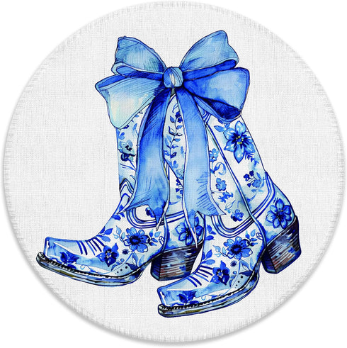 BILLAION Chinoiserie Western Cowgirl Mouse Pad for Desk, Blue Bow Floral Cowgirl Boots