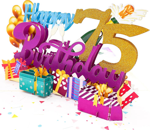 Liif Happy 75th Birthday 3D Greeting Pop Up Card, 75 Birthday Card for Women, Men, with Balloon and Champagne Design