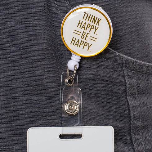 Think Happy Be Happy Gold Tone White Badge Reel with Alligator Clip for ID