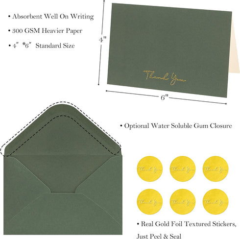 50 Pack Crisky Green Thank You Cards with Envelopes & Stickers Bridal Shower Graduation Thank You Cards Small Business