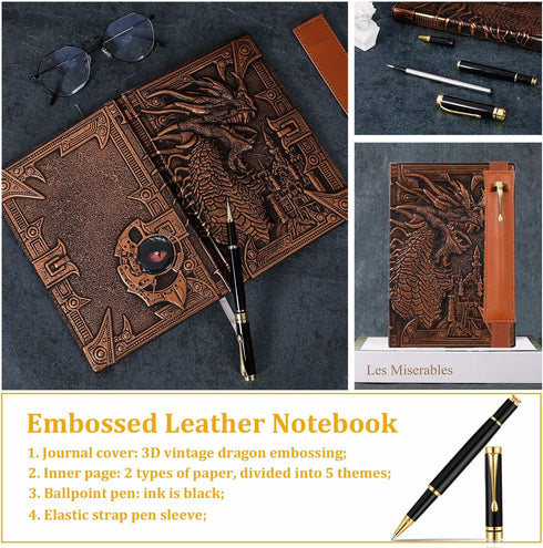 Vintage DND Journal 3D Embossed Leather Notebook with Ballpoint Pen, Handmade A5 Travel Journal, Red Copper