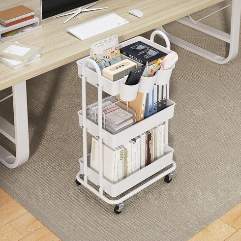 Boeeoan 3-Tier 3 Utility Cart with Wheels, Rolling Cart with Hanging Baskets, Storage Shelves, Multi-Functional