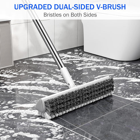TidyTale 180 Grout Brush with Long Heavy Duty Handle, Swivel Floor Scrub Brush, V-Shaped Grout Line Scrubber with Stiff