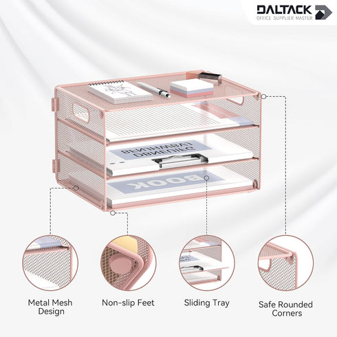 DALTACK 3 Tier Letter Tray Paper Organizer with Handle, Mesh Desk File Organizer for School Office Home, Pink