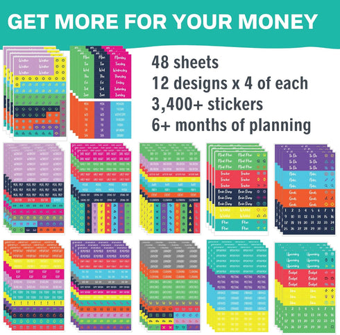 Practical Planner Stickers Value Pack, 48 Sheets, 6 Months of Aesthetic Agenda Stickers for Weekly Planner
