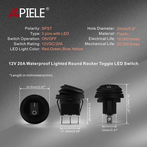 APIELE Waterproof Round Rocker Toggle Switch 2 Position DC 12V 20A ON-Off with LED Light SPST, 4Pcs KCD1-8-101NW (Four