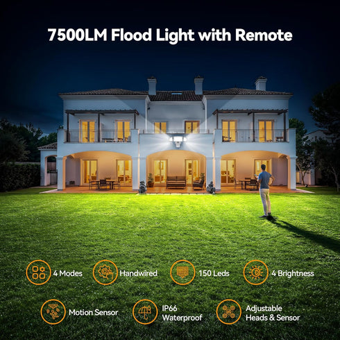 7500LM 150-LED 3-Head 300Wide 4 IP66 TECKNET Motion Sensor Outdoor Lights, Security Light with Remote Control, Angle