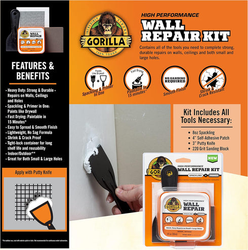 Gorilla Wall Repair Kit, Featuring Heavy Duty Wall Repair Spackling + Primer White