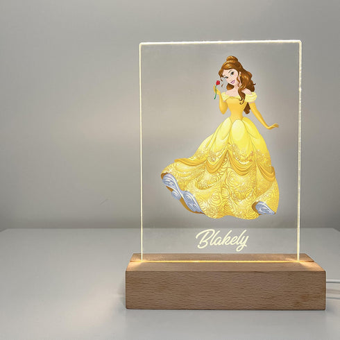 Mirror Mania Store Belle Premium Wood Base Stand Soft Night Light Up Table Desk Lamp LED Princess Sign Personalized