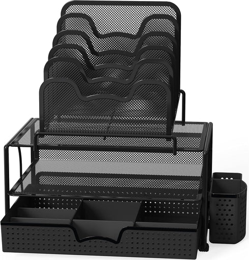 Simple Houseware Mesh Desk Organizer - Sliding Drawer, Double Tray, 5 Stacking Sorter Sections, Black