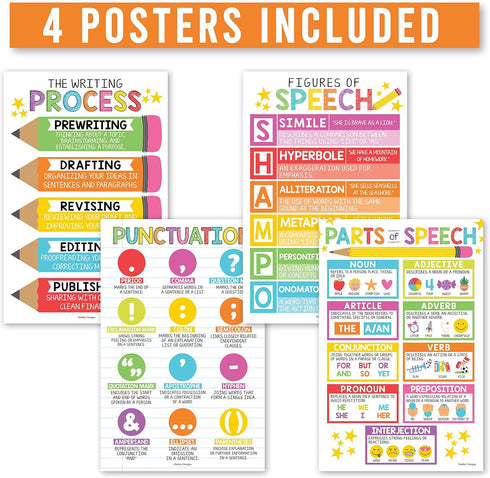 Hadley Designs 4 Colorful Grammar Posters for Language Arts, ELA Classroom Parts of Speech and Writing Process Posters