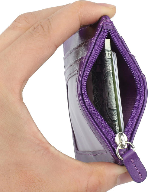Wisdompro 2-Sided PU Leather ID Badge Holder with Zip, 1 ID Window, 4 Card Slots, 20 Inch Lanyard Strap - Purple