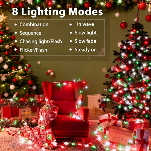 2 Pack 100 33Ft 8 Red White Green Christmas String Lights Battery Operated, LED String Lights with Timer Modes Outdoor