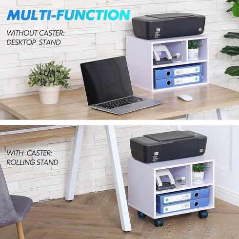 FITUEYES Under Desk Printer Stand - Mobile Small Printer Table with 3 Storage Organizer Compartments, White