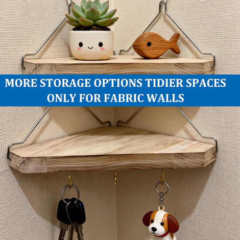 YBhuoo 2PCS Fabric Wall Corner Shelf with Hooks, Wooden Cubicle Organizer Storage Shelf with Hangers Cubicle