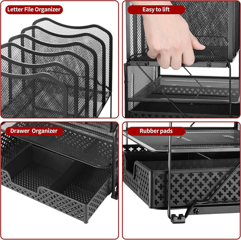 Simple Trending Mesh Desk File Organizer, Office Supplies Desktop Storage with Sliding Drawer, Double Tray and 5 Upright Section Sorter Organizer, Black by Simple Trending
