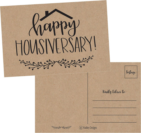 Hadley Designs 25 Kraft Happy Home Anniversary Realtor Cards, Blank Greeting House Postcards, Bulk Thank You Notes