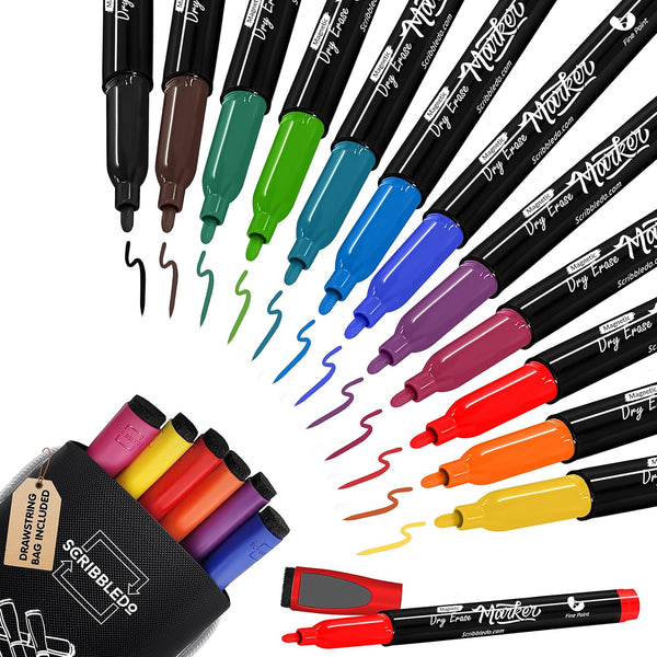 Scribbledo 12 Pack Magnetic Dry Erase Markers, Fine Tip Classic Colors with Eraser Cap for Home & School