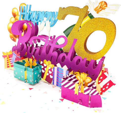 Liif Happy 70th Birthday Pop Up Card, Glitter 70 Birthday Card for Women, Men, with Message Note & Envelope