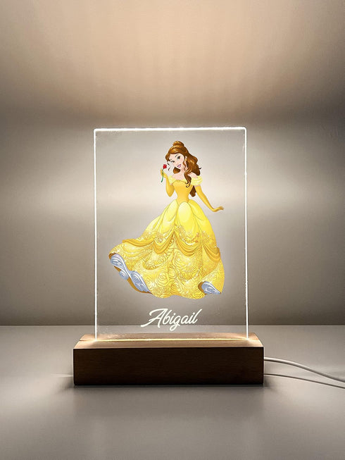 Mirror Mania Store Belle Premium Wood Base Stand Soft Night Light Up Table Desk Lamp LED Princess Sign Personalized
