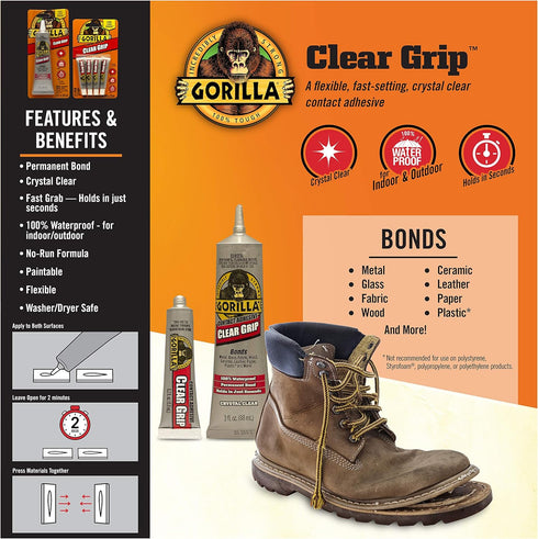 Gorilla Clear Grip Waterproof Contact Adhesive Minis, Four .2 Ounce Tubes, Clear, Pack of 1