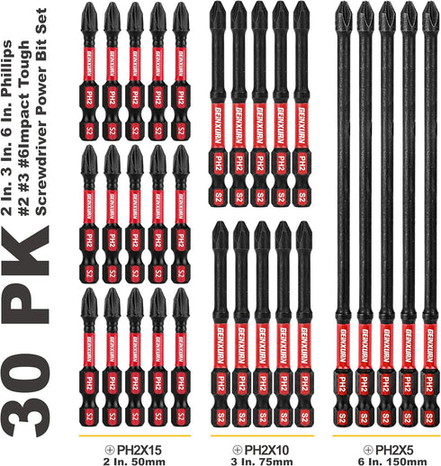 Impact Tough #2 Phillips Mixed 2/3/6 in. D2 Steel Long Extension Insert Driver Bits,30Pack 1/4 Inch Hex Shank Long Cross Magnetic PH2 Screwdriver Bits Set by GEINXURN