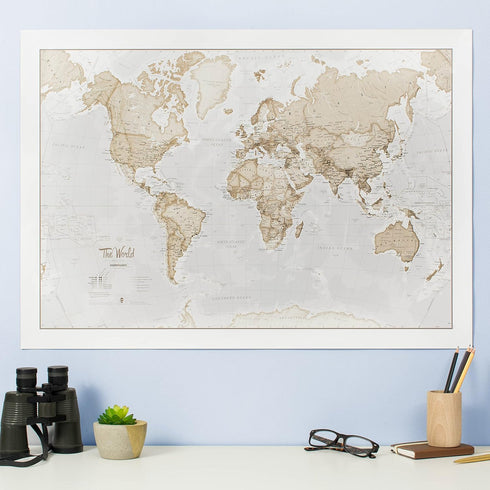 Large Map of the World, Silk Art Print World Map, Neutral Tones, 23 x 33