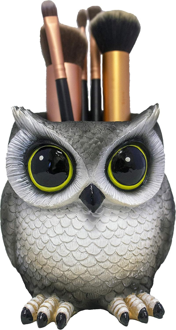 DWK Grey Owl Makeup Brush Holder Organizer Caddy, Handmade Makeup Organizer for Vanity, 4"