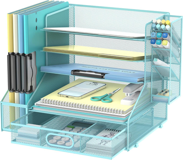 DALTACK Desk Paper Organizer with 6-Tier Tray, 3 Pen Holders, Blue, Storage Organizer for Home Office or School
