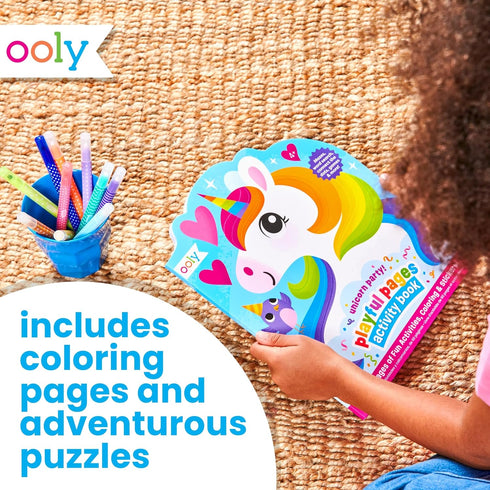 60-Page Ooly Playful Pages Activity Book - Unicorn Party Activity Book with Stickers, Coloring Pages, Mazes & Puzzles