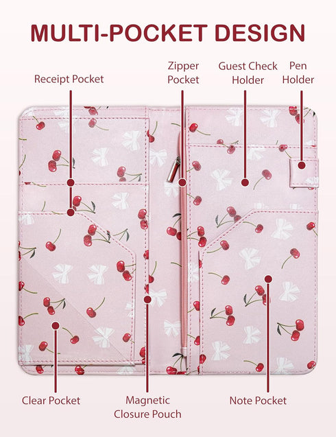 Zreal Cute Server Book for Waitress, Waiter Book with Zipper and Magnetic Pocket, Cherry & Bow Print Serving Book