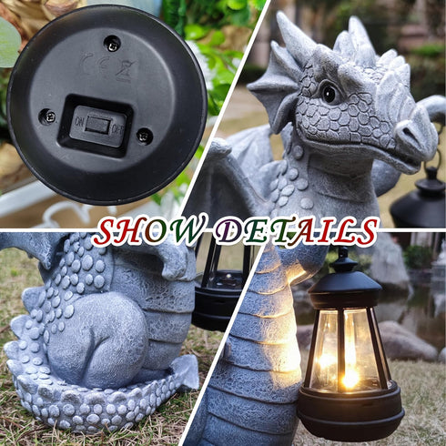 Qobumy Solar Dragon Garden Statue Decoration with Solar Lantern,Dragon Figurine Lights Outdoor Dcor for YardLawn