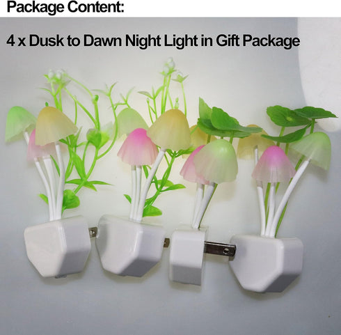 4Pack AUSAYE Sensor LED Plug in Night Light for Adults Kids , Color Changing Cute Mushroom Flower Wall Lamp