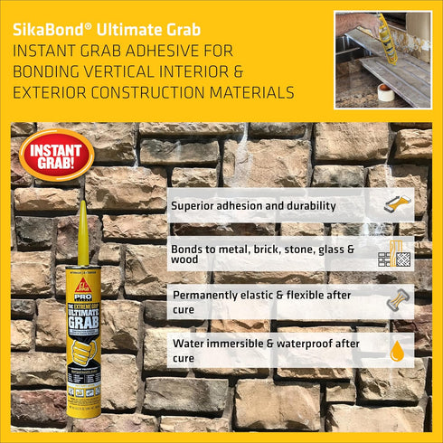 SIKA SikaBond Ultimate Grab, Gray, 10.1 fl.oz, Instant Grab Polyurethane Adhesive