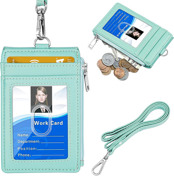 ELV Badge Holder with Zipper, PU Leather ID Card Holder Wallet, 5 Card Slots, RFID Blocking Pocket, Mint