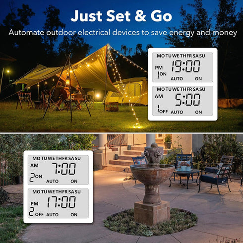 BN-LINK 7 Day Heavy Duty Digital Outdoor Timer, Dual Outlet, Weatherproof, Accurate for Lamps, Ponds, Christmas Lights