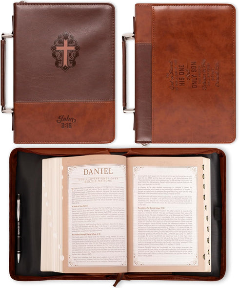 Christian Art Gifts Men's Classic Bible Cover – Cross John 3:16, Brown Faux Leather, Large